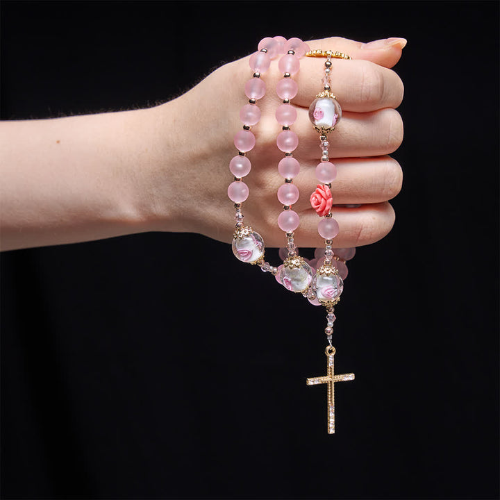 Christianartworkshop Chapelet rose mat doux avec verre rose délicat et dévotion à saint Benoît - image 1