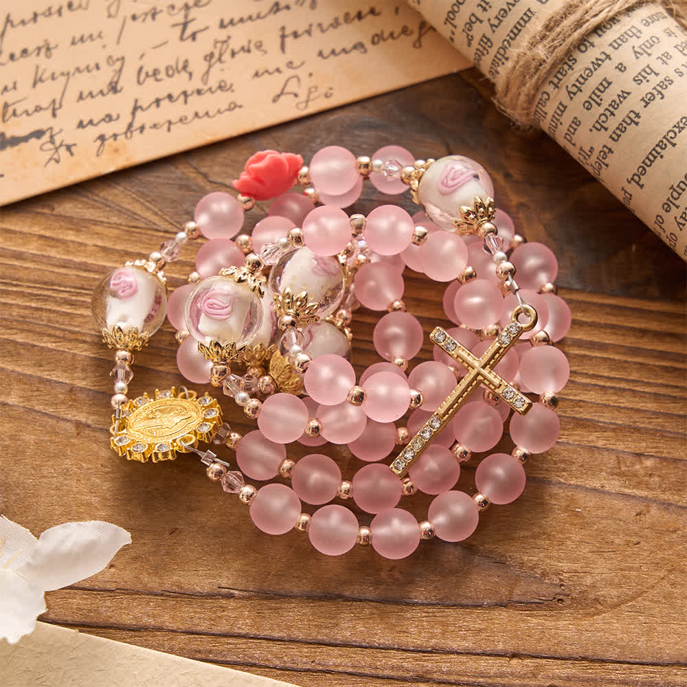 Christianartworkshop Chapelet rose mat doux avec verre rose délicat et dévotion à saint Benoît - image 4