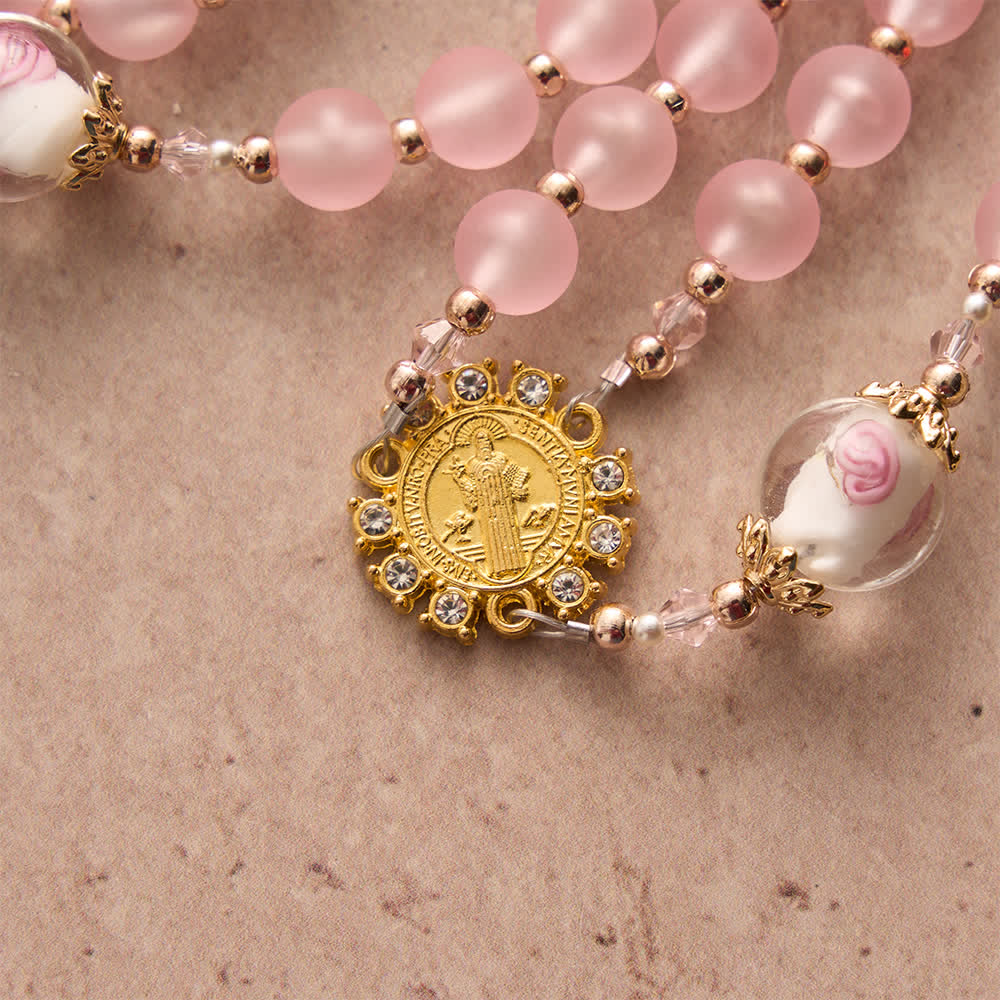 Christianartworkshop Chapelet rose mat doux avec verre rose délicat et dévotion à saint Benoît - image 7