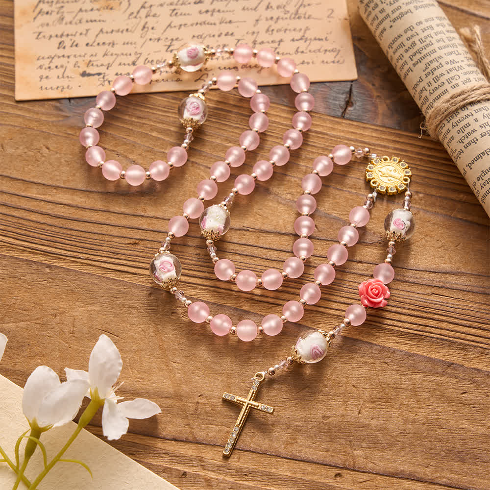 Christianartworkshop Chapelet rose mat doux avec verre rose délicat et dévotion à saint Benoît - image 2