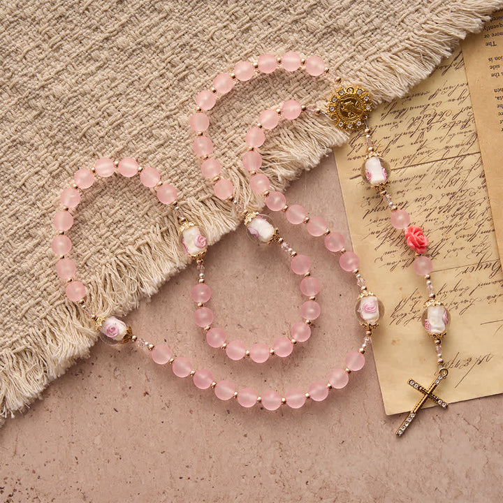 Christianartworkshop Chapelet rose mat doux avec verre rose délicat et dévotion à saint Benoît - image 3