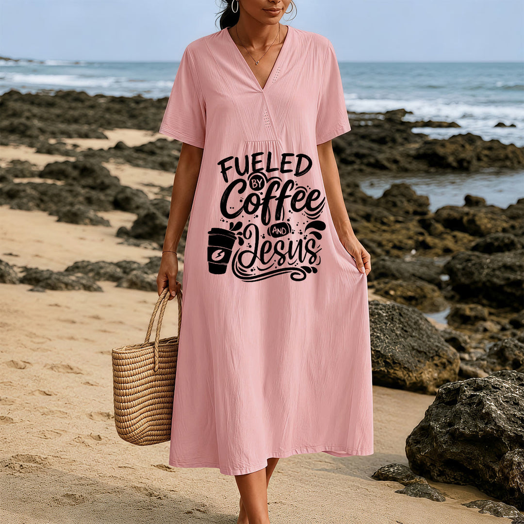 Robe midi à manches courtes et col en V, imprimée calligraphie et tasses de café, Christianartworkshop « Inspirée par le café et Jésus » , Christianartworkshop - image 17