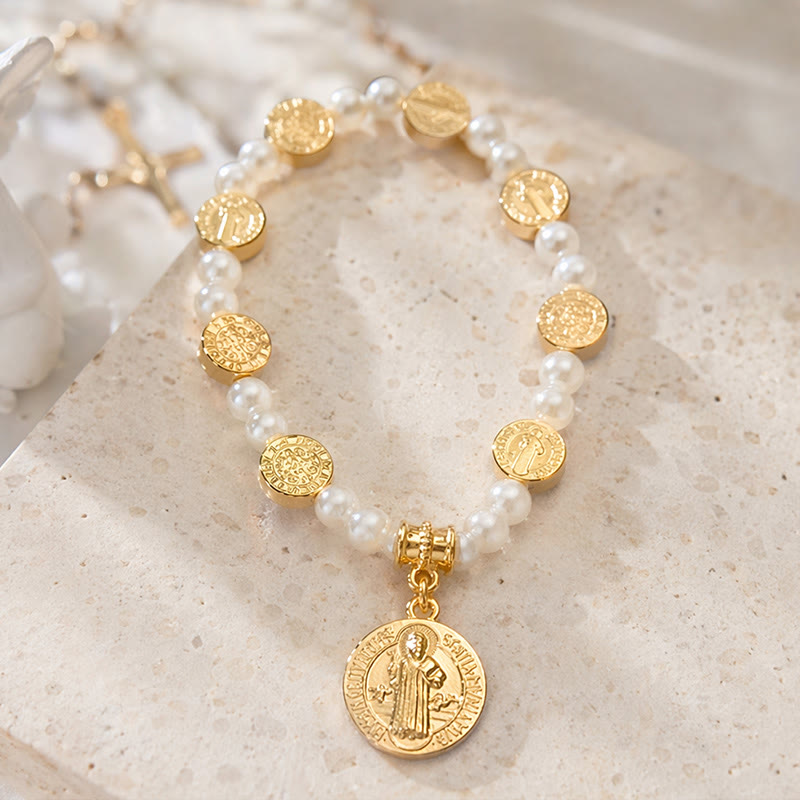 Christianartworkshop Bracelet extensible à perles avec médaille de saint Benoît gravée en deux couleurs : un symbole de protection sacrée - image 3
