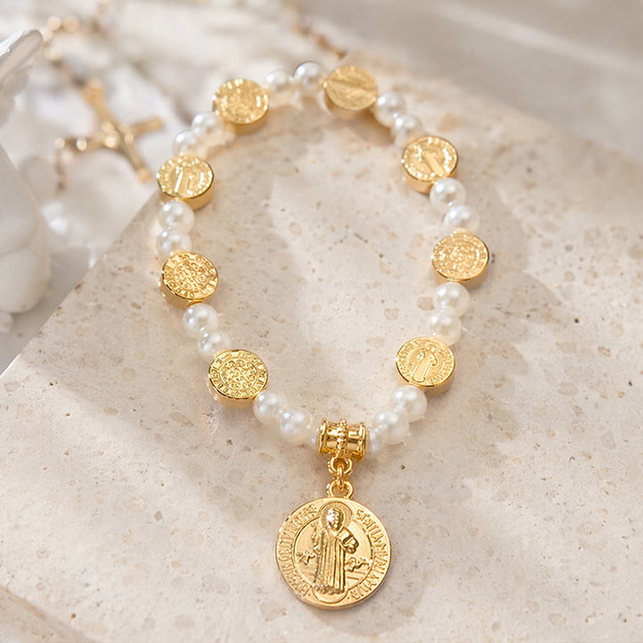 Christianartworkshop Bracelet extensible à perles avec médaille de saint Benoît gravée en deux couleurs : un symbole de protection sacrée - image 3