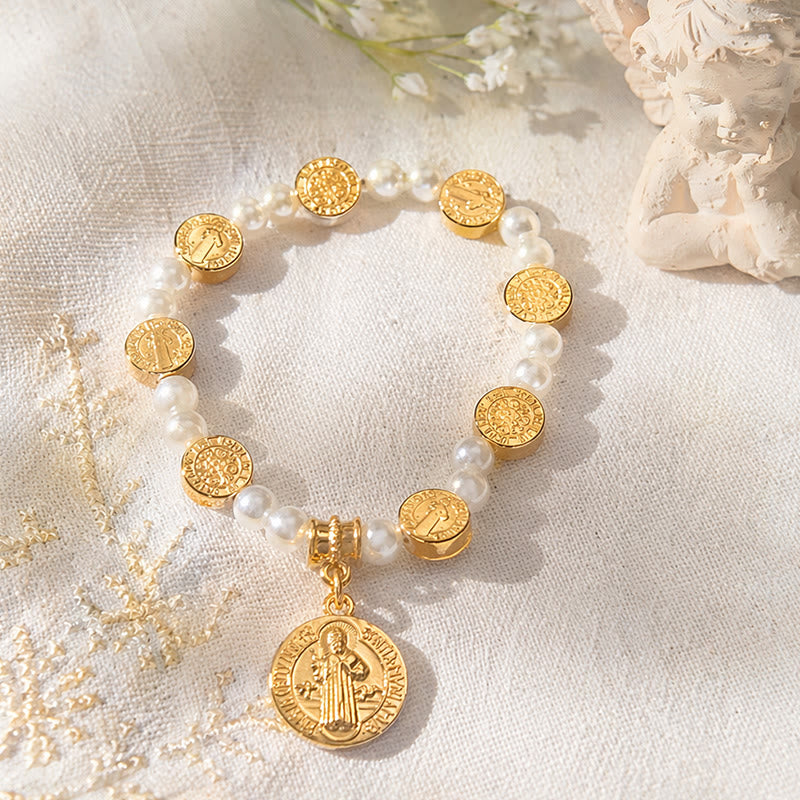 Christianartworkshop Bracelet extensible à perles avec médaille de saint Benoît gravée en deux couleurs : un symbole de protection sacrée - image 1