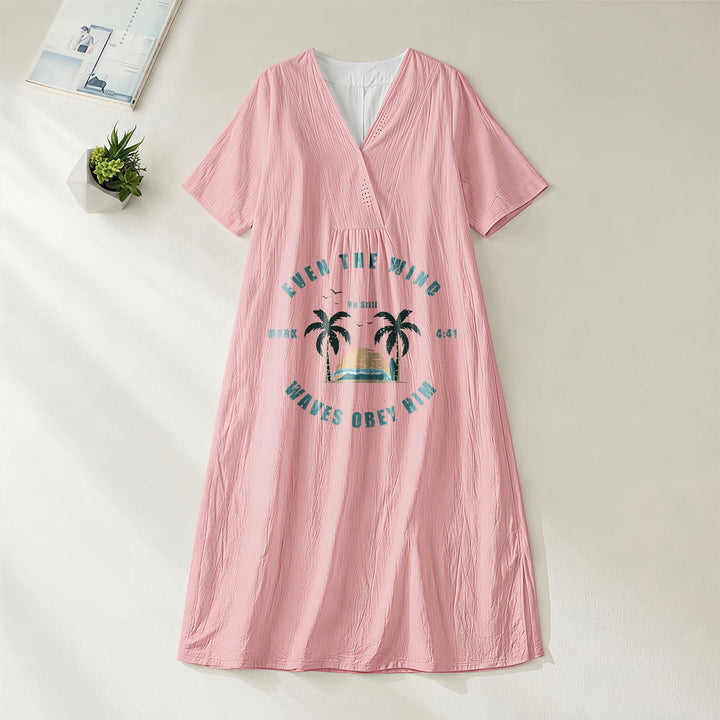 Robe midi à manches courtes et col en V, imprimé palmiers et coucher de soleil, style côtier , Christianartworkshop - Rose - 4XL - image 20