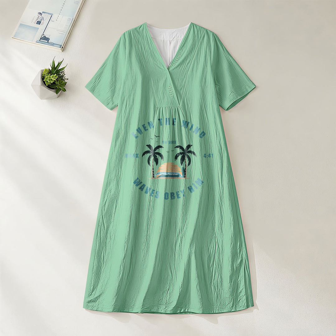 Robe midi à manches courtes et col en V, imprimé palmiers et coucher de soleil, style côtier , Christianartworkshop - Vert - 4XL - image 4