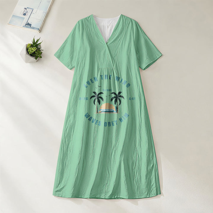 Robe midi à manches courtes et col en V, imprimé palmiers et coucher de soleil, style côtier , Christianartworkshop - Vert - 4XL - image 4