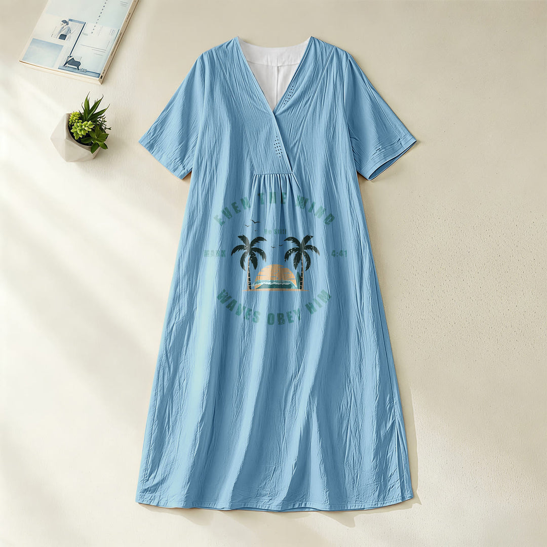 Robe midi à manches courtes et col en V, imprimé palmiers et coucher de soleil, style côtier , Christianartworkshop - Bleu - 4XL - image 0