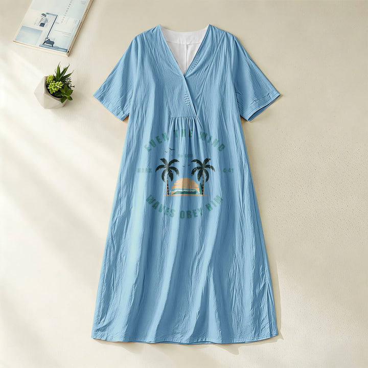 Robe midi à manches courtes et col en V, imprimé palmiers et coucher de soleil, style côtier , Christianartworkshop - Bleu - 4XL - image 0