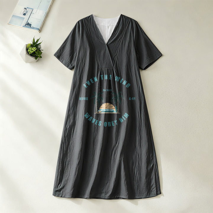 Robe midi à manches courtes et col en V, imprimé palmiers et coucher de soleil, style côtier , Christianartworkshop - Noir - 4XL - image 16