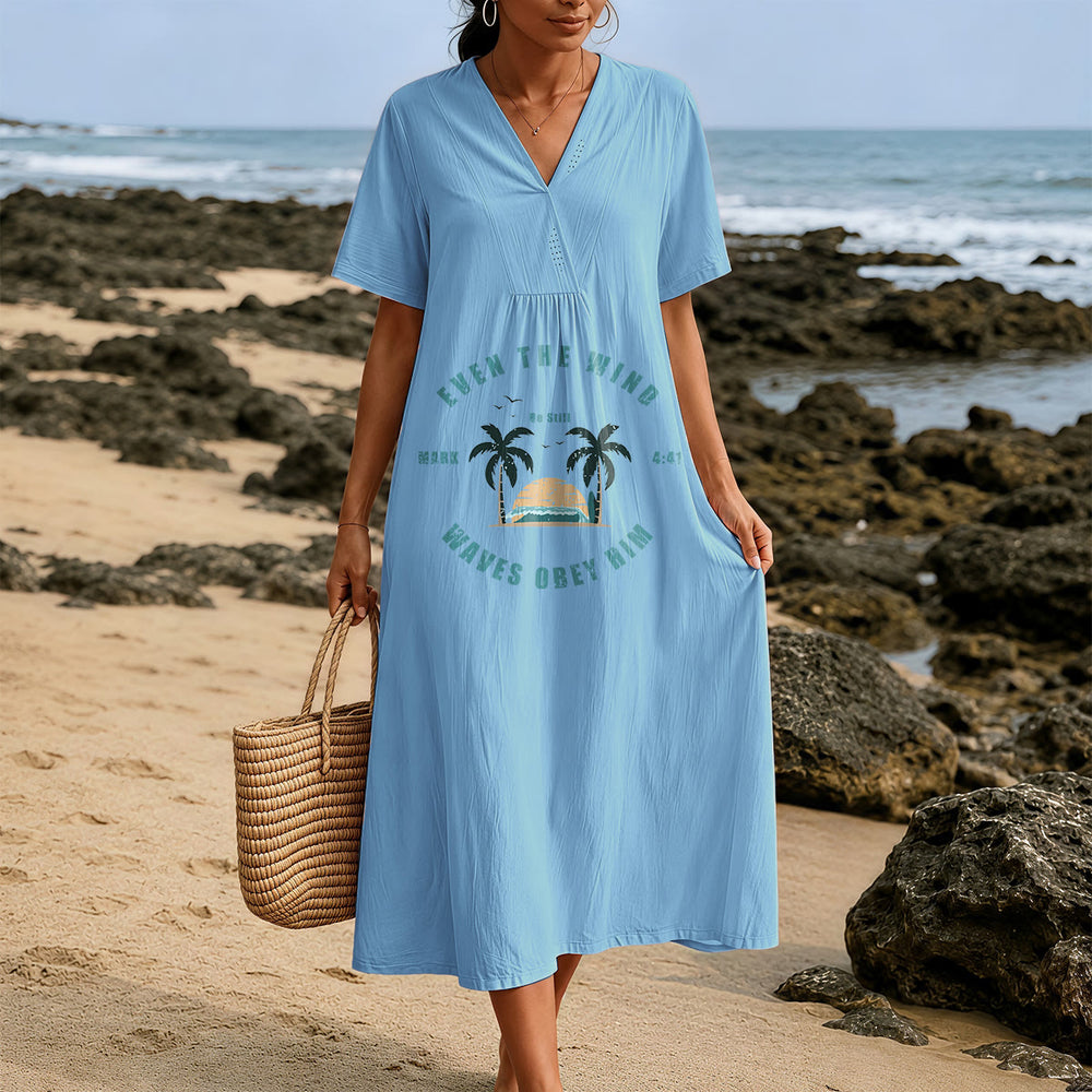 Robe midi à manches courtes et col en V, imprimé palmiers et coucher de soleil, style côtier , Christianartworkshop - image 1