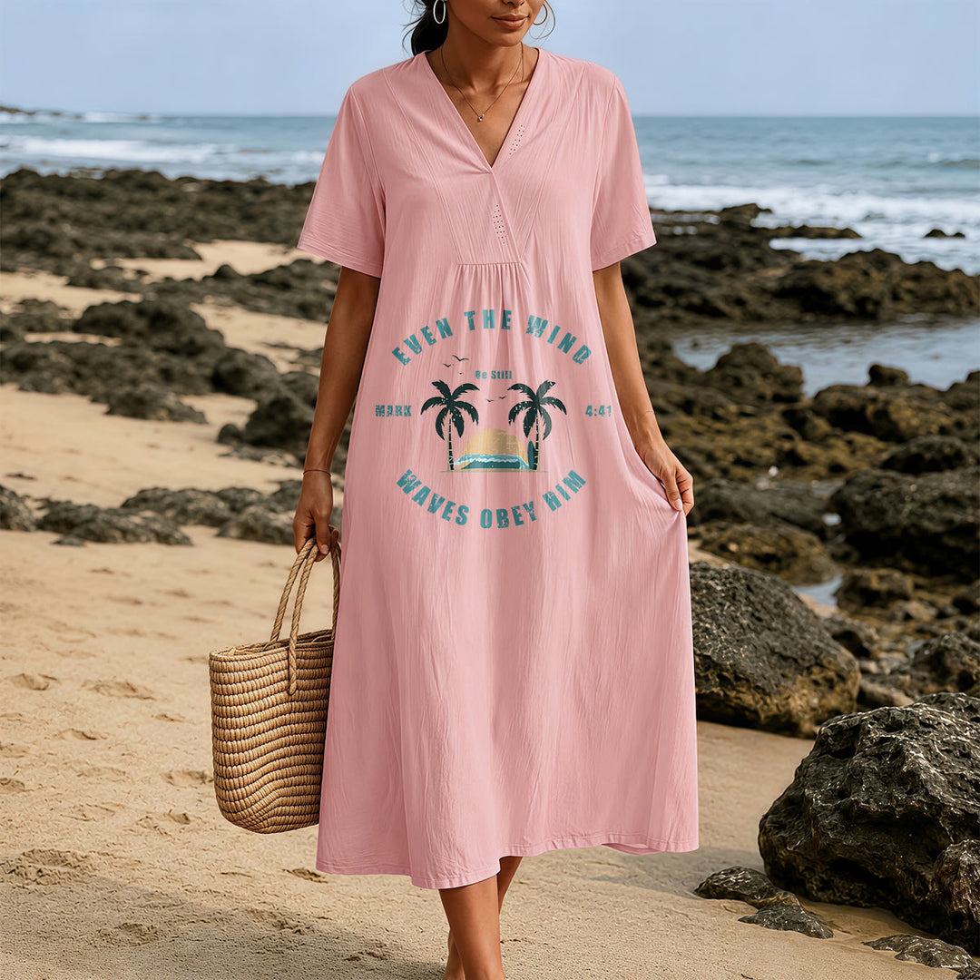 Robe midi à manches courtes et col en V, imprimé palmiers et coucher de soleil, style côtier , Christianartworkshop - image 21