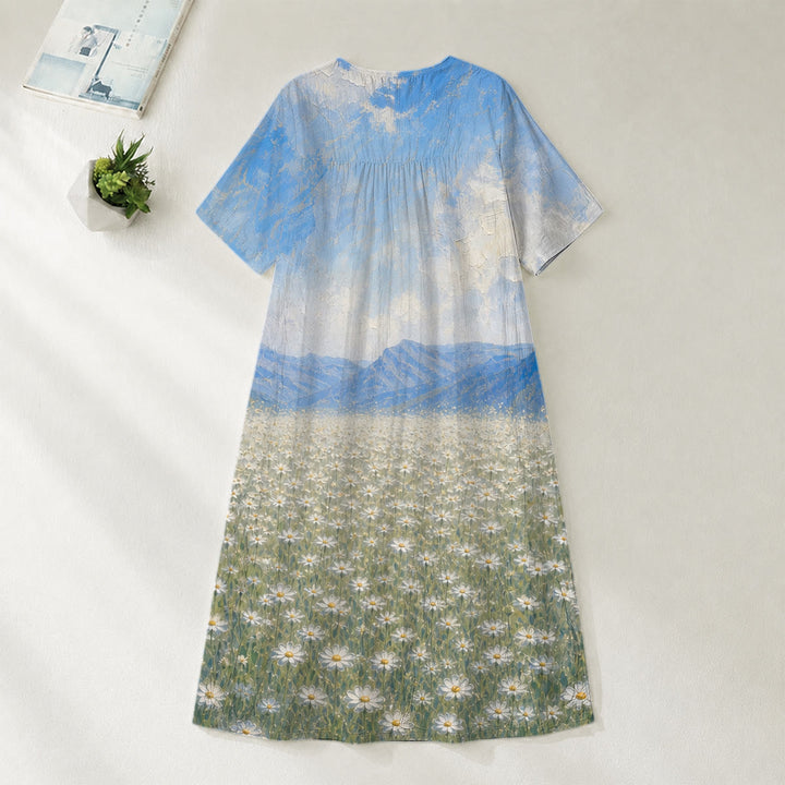 Robe midi à manches courtes et col en V, imprimée avec l'œuvre d'art « Jésus serrant l'Enfant dans un champ de marguerites » , Christianartworkshop - image 2
