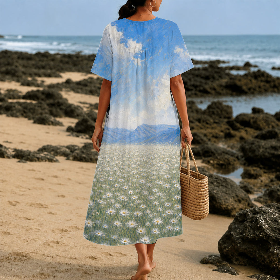 Robe midi à manches courtes et col en V, imprimée avec l'œuvre d'art « Jésus serrant l'Enfant dans un champ de marguerites » , Christianartworkshop - image 3