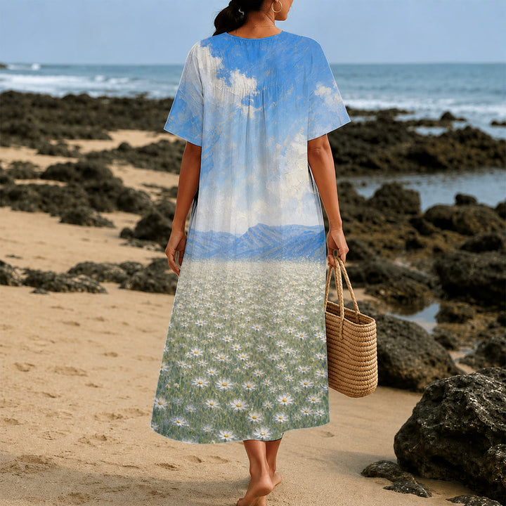 Robe midi à manches courtes et col en V, imprimée avec l'œuvre d'art « Jésus serrant l'Enfant dans un champ de marguerites » , Christianartworkshop - image 3