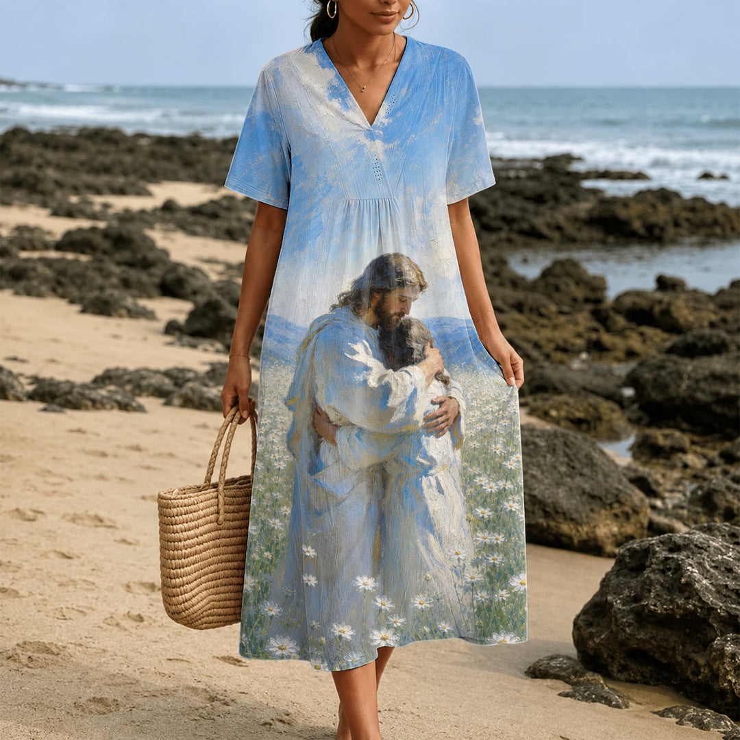 Robe midi à manches courtes et col en V, imprimée avec l'œuvre d'art « Jésus serrant l'Enfant dans un champ de marguerites » , Christianartworkshop - image 1