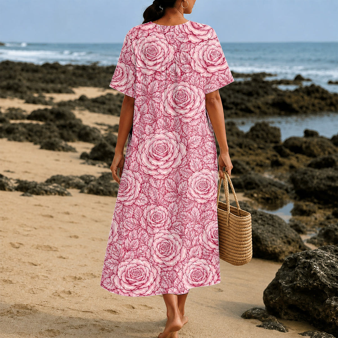 Robe midi à manches courtes et col en V « Notre-Dame de Guadalupe » et roses, motif dévotionnel Christianartworkshop - image 3