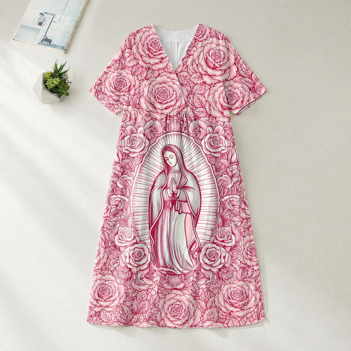 Robe midi à manches courtes et col en V « Notre-Dame de Guadalupe » et roses, motif dévotionnel Christianartworkshop - 4XL - image 0