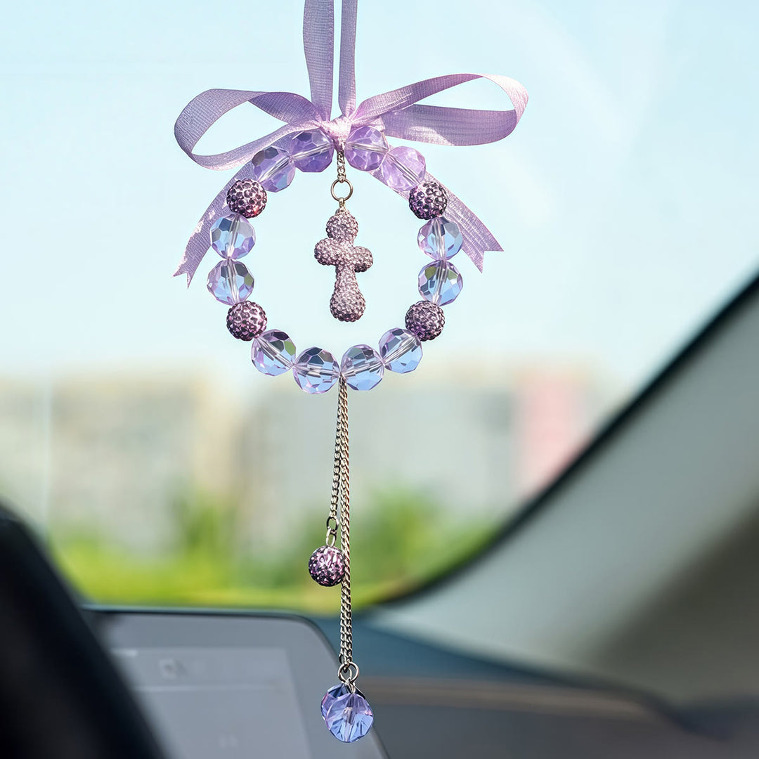 Christianartworkshop Pendentif croix en cristal orné d'un nœud pour voiture : symbole de grâce protectrice et de foi pour un voyage en toute sécurité - Croix pourpre - image 0