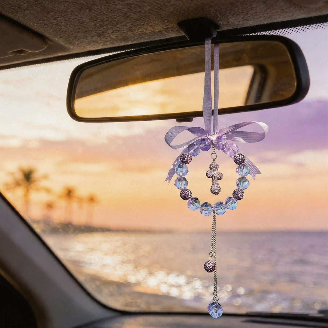 Christianartworkshop Pendentif croix en cristal orné d'un nœud pour voiture : symbole de grâce protectrice et de foi pour un voyage en toute sécurité - image 1