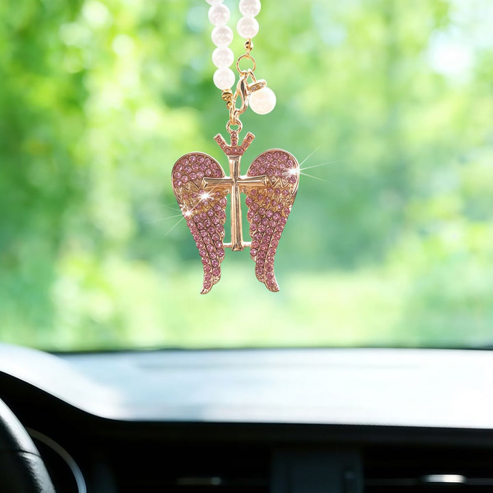 Christianartworkshop Pendentif Croix Aile d'Ange pour Voiture avec Chaîne de Perles et Cristaux : Symbole de Protection Divine et de Guidance Fidèle - Rose - image 5