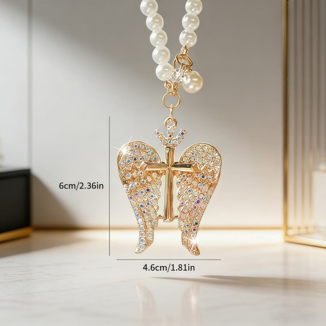 Christianartworkshop Pendentif Croix Aile d'Ange pour Voiture avec Chaîne de Perles et Cristaux : Symbole de Protection Divine et de Guidance Fidèle - image 4