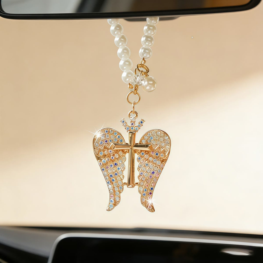 Christianartworkshop Pendentif Croix Aile d'Ange pour Voiture avec Chaîne de Perles et Cristaux : Symbole de Protection Divine et de Guidance Fidèle - image 1