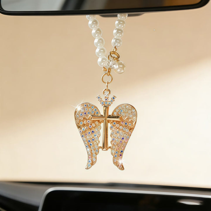 Christianartworkshop Pendentif Croix Aile d'Ange pour Voiture avec Chaîne de Perles et Cristaux : Symbole de Protection Divine et de Guidance Fidèle - image 1