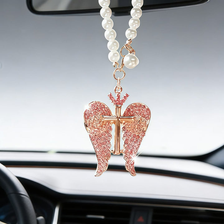 Christianartworkshop Pendentif Croix Aile d'Ange pour Voiture avec Chaîne de Perles et Cristaux : Symbole de Protection Divine et de Guidance Fidèle - image 6