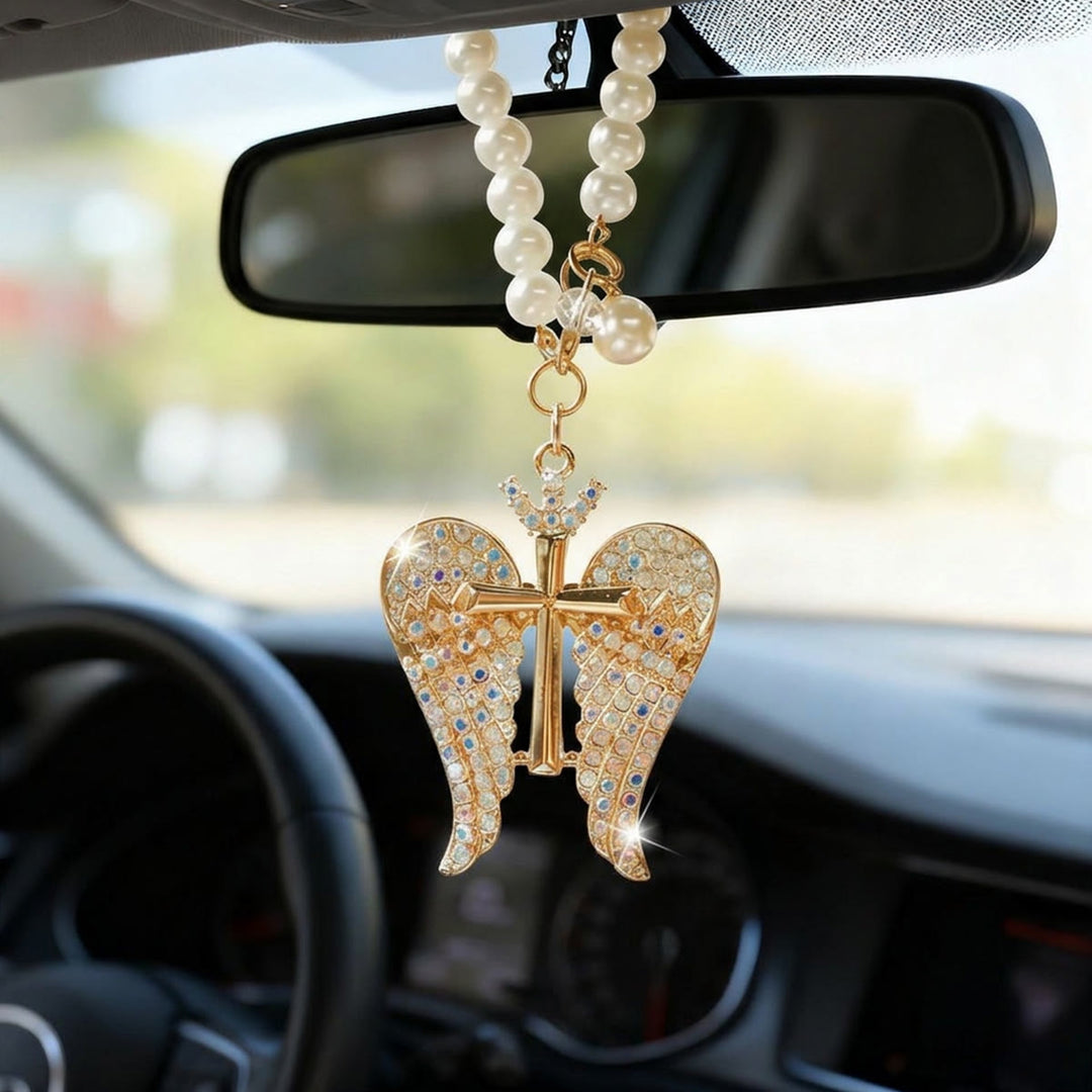 Christianartworkshop Pendentif Croix Aile d'Ange pour Voiture avec Chaîne de Perles et Cristaux : Symbole de Protection Divine et de Guidance Fidèle - image 2