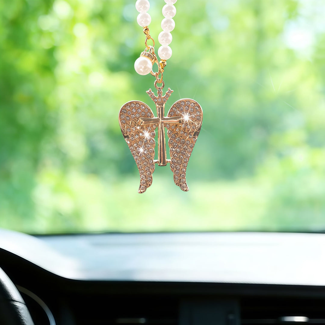 Christianartworkshop Pendentif Croix Aile d'Ange pour Voiture avec Chaîne de Perles et Cristaux : Symbole de Protection Divine et de Guidance Fidèle - Doré - image 0