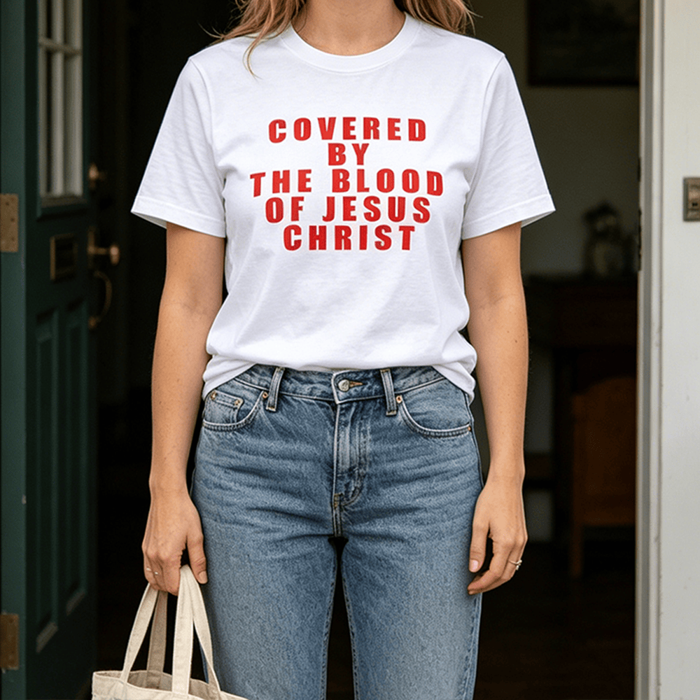 Christianartworkshop T-shirt premium à manches courtes avec inscription « Recouvert par le sang de Jésus-Christ » - image 0