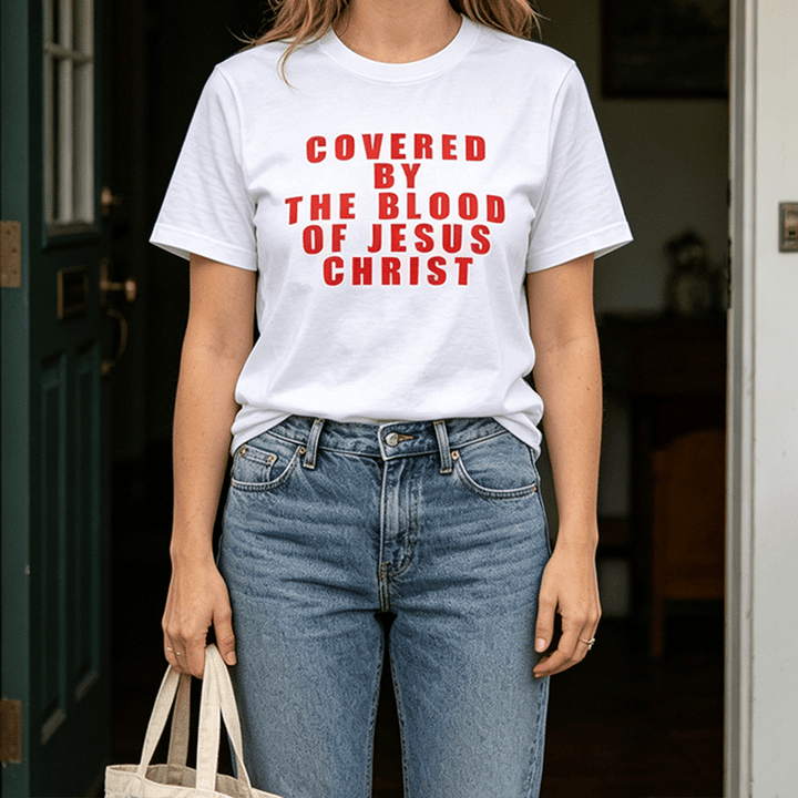 Christianartworkshop T-shirt premium à manches courtes avec inscription « Recouvert par le sang de Jésus-Christ » - image 0