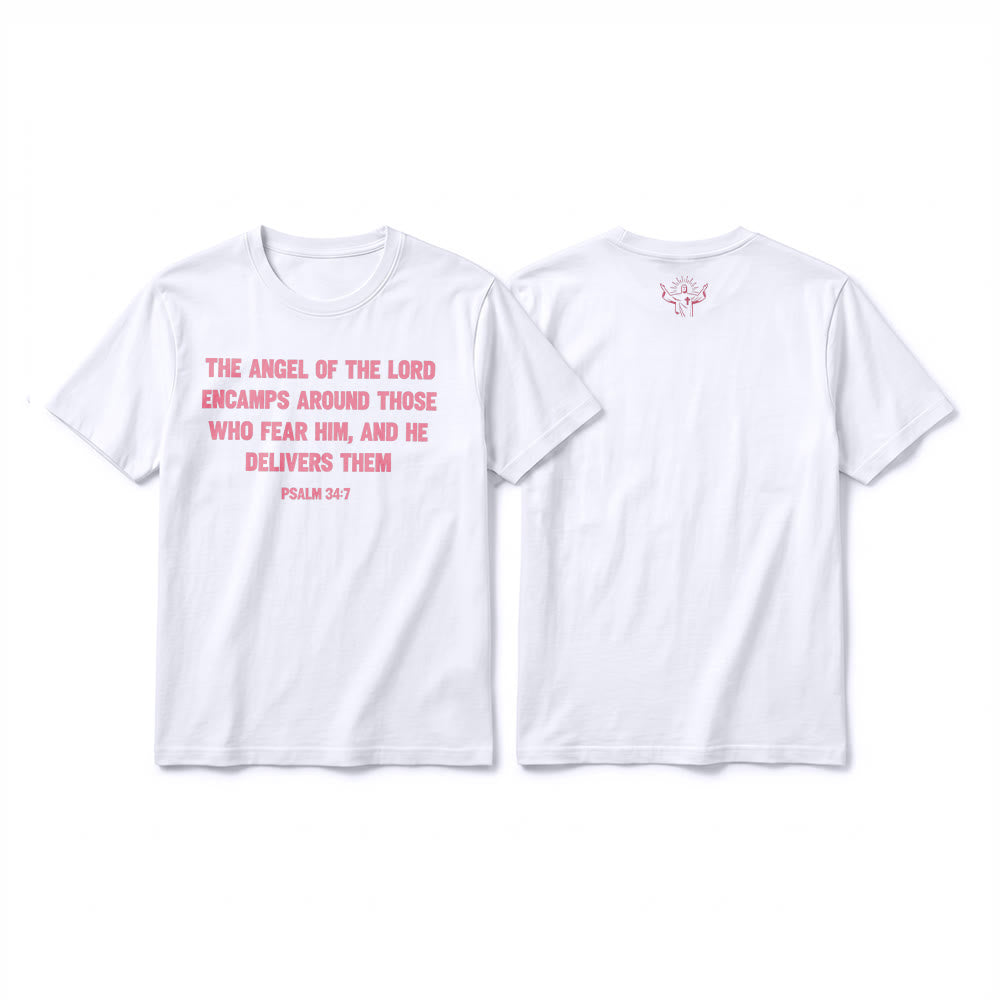 Christianartworkshop Psaume 34:7 « L'Ange du Seigneur » T-shirt premium à manches courtes avec impression recto verso - Blanc - 2XL - image 4