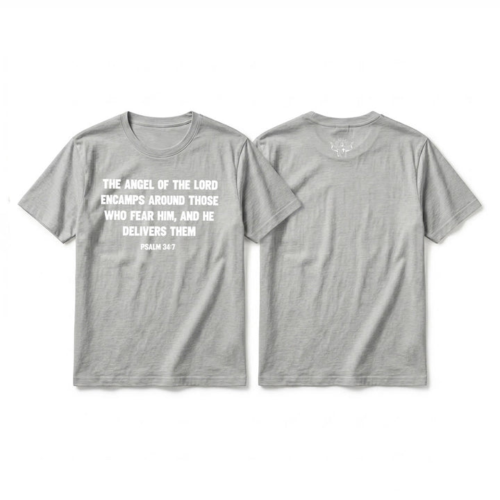 Christianartworkshop Psaume 34:7 « L'Ange du Seigneur » T-shirt premium à manches courtes avec impression recto verso - Gris - 2XL - image 16