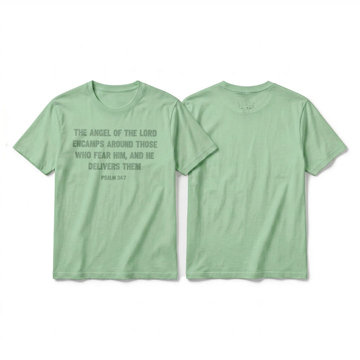 Christianartworkshop Psaume 34:7 « L'Ange du Seigneur » T-shirt premium à manches courtes avec impression recto verso - Vert clair - 2XL - image 22