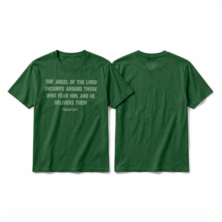 Christianartworkshop Psaume 34:7 « L'Ange du Seigneur » T-shirt premium à manches courtes avec impression recto verso - Vert foncé - 2XL - image 25