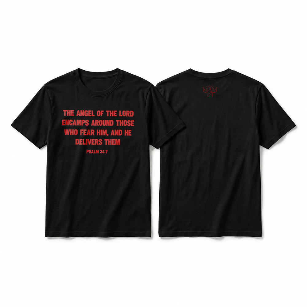Christianartworkshop Psaume 34:7 « L'Ange du Seigneur » T-shirt premium à manches courtes avec impression recto verso - Noir - 2XL - image 1