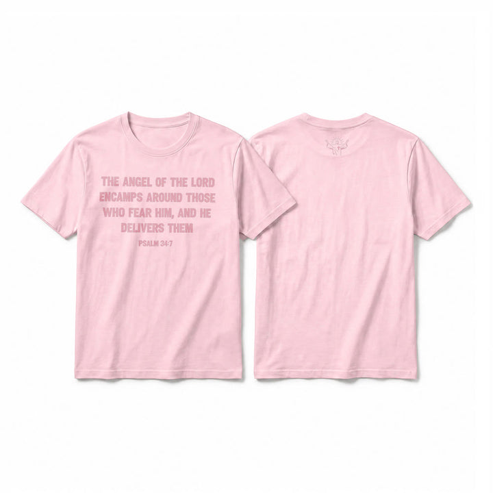 Christianartworkshop Psaume 34:7 « L'Ange du Seigneur » T-shirt premium à manches courtes avec impression recto verso - Rose - 2XL - image 7