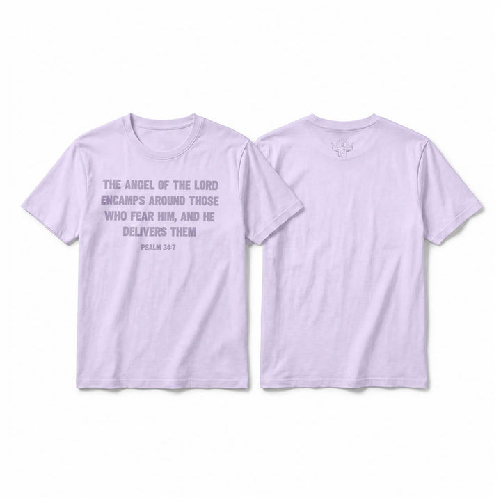 Christianartworkshop Psaume 34:7 « L'Ange du Seigneur » T-shirt premium à manches courtes avec impression recto verso - Violet - 2XL - image 13