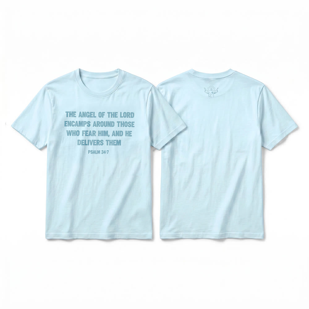Christianartworkshop Psaume 34:7 « L'Ange du Seigneur » T-shirt premium à manches courtes avec impression recto verso - Bleu - 2XL - image 10