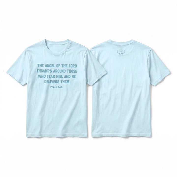 Christianartworkshop Psaume 34:7 « L'Ange du Seigneur » T-shirt premium à manches courtes avec impression recto verso - Bleu - 2XL - image 10