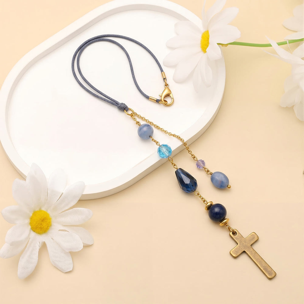 Christianartworkshop Ornement minimaliste en forme de croix à suspendre pour voiture, orné de pierres naturelles et de perles de cristal : un rappel de la paix intérieure sur la route. - image 1
