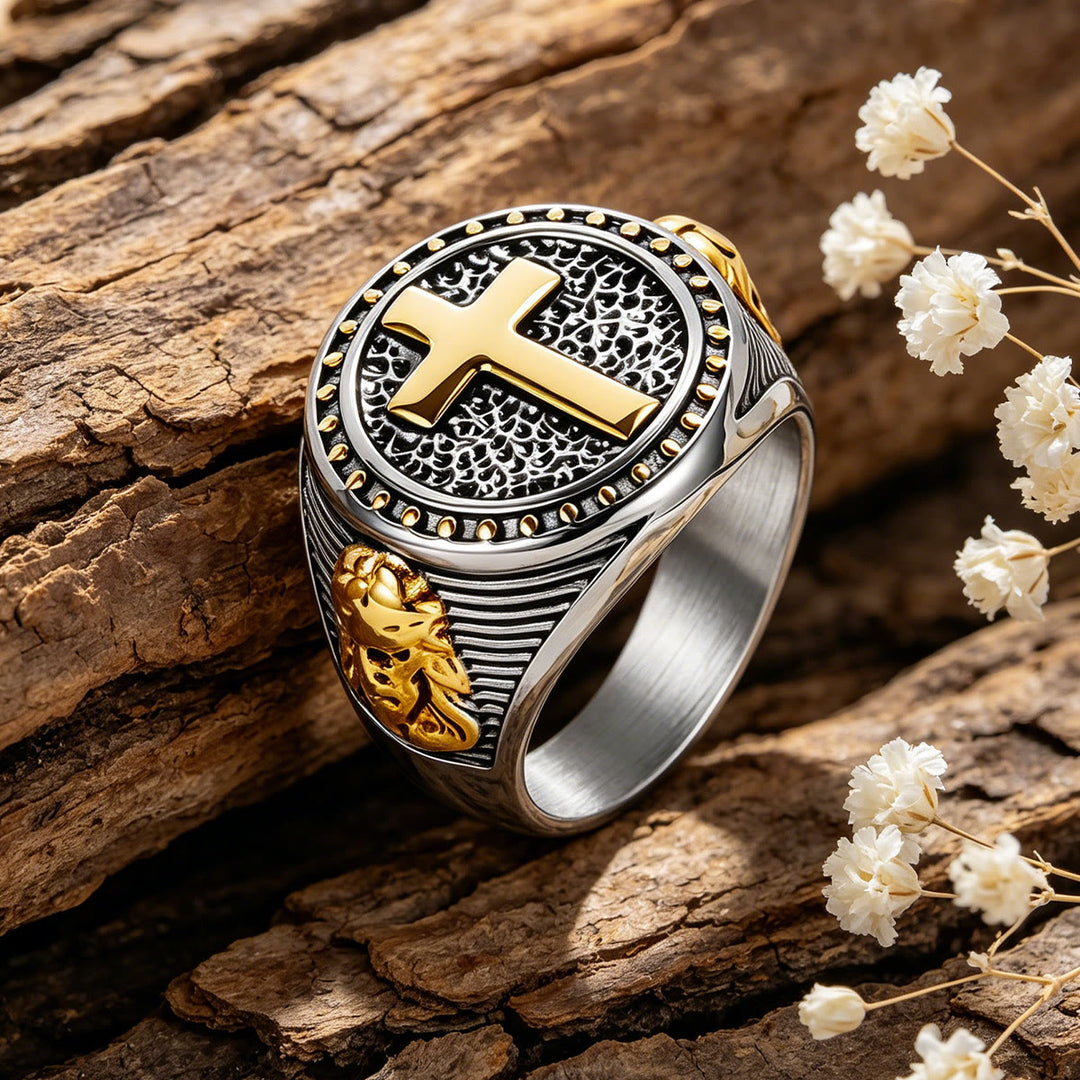 Christianartworkshop Bague chevalière vintage bicolore en forme de croix avec détail du profil de Jésus : un symbole de foi intemporelle et de protection sacrée - Argent et or - US 13 - image 0