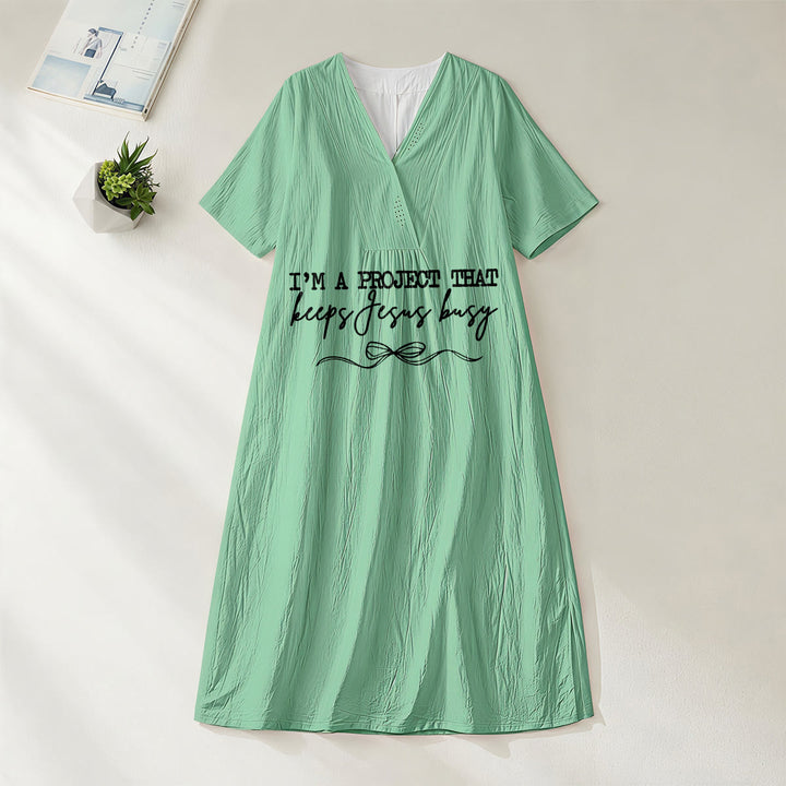 Robe midi à manches courtes et col en V avec détail nœud, Christianartworkshop « Je suis un projet qui occupe Jésus ». - Vert - 4XL - image 8
