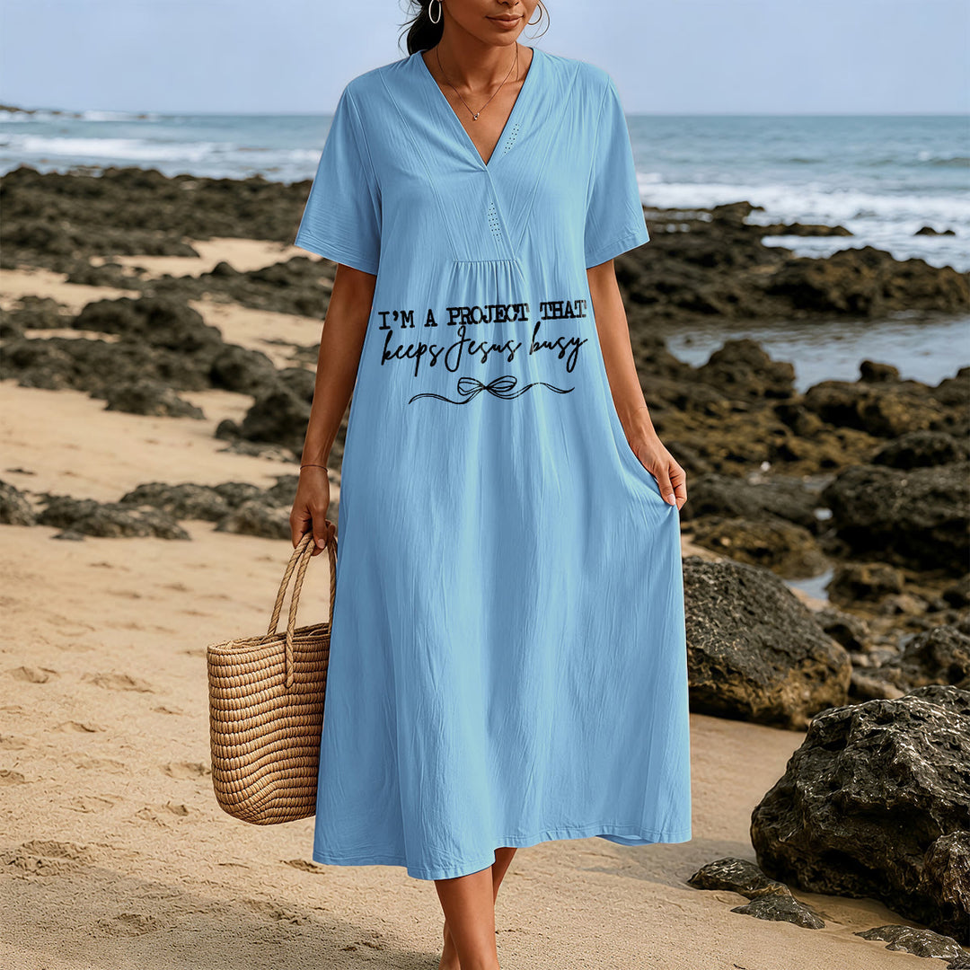 Robe midi à manches courtes et col en V avec détail nœud, Christianartworkshop « Je suis un projet qui occupe Jésus ». - image 1