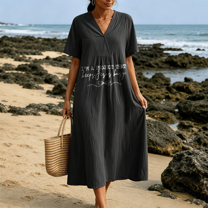 Robe midi à manches courtes et col en V avec détail nœud, Christianartworkshop « Je suis un projet qui occupe Jésus ». - image 13