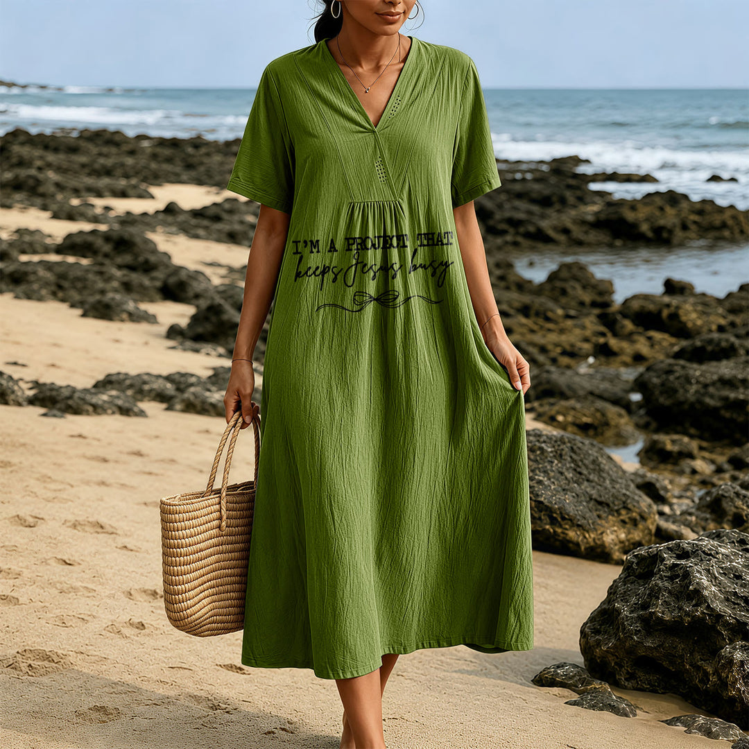 Robe midi à manches courtes et col en V avec détail nœud, Christianartworkshop « Je suis un projet qui occupe Jésus ». - image 21