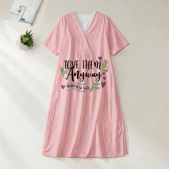 Christianartworkshop « Aimez-les quand même » Matthieu 5:44 Robe midi à manches courtes et col en V, imprimé cœur et feuilles - Rose - 4XL - image 8